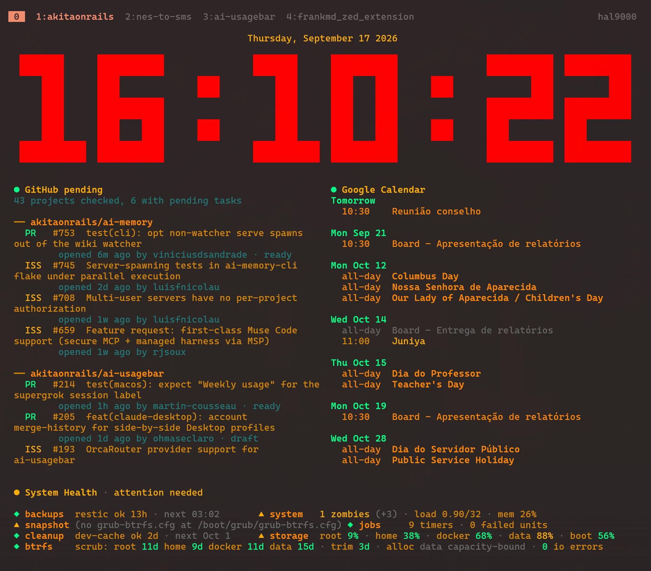 My second monitor: tclock showing 16:10:22 in large red digits, a GitHub pending widget listing open pull requests and issues for ai-memory and ai-usagebar, a Google Calendar widget and a system health strip.