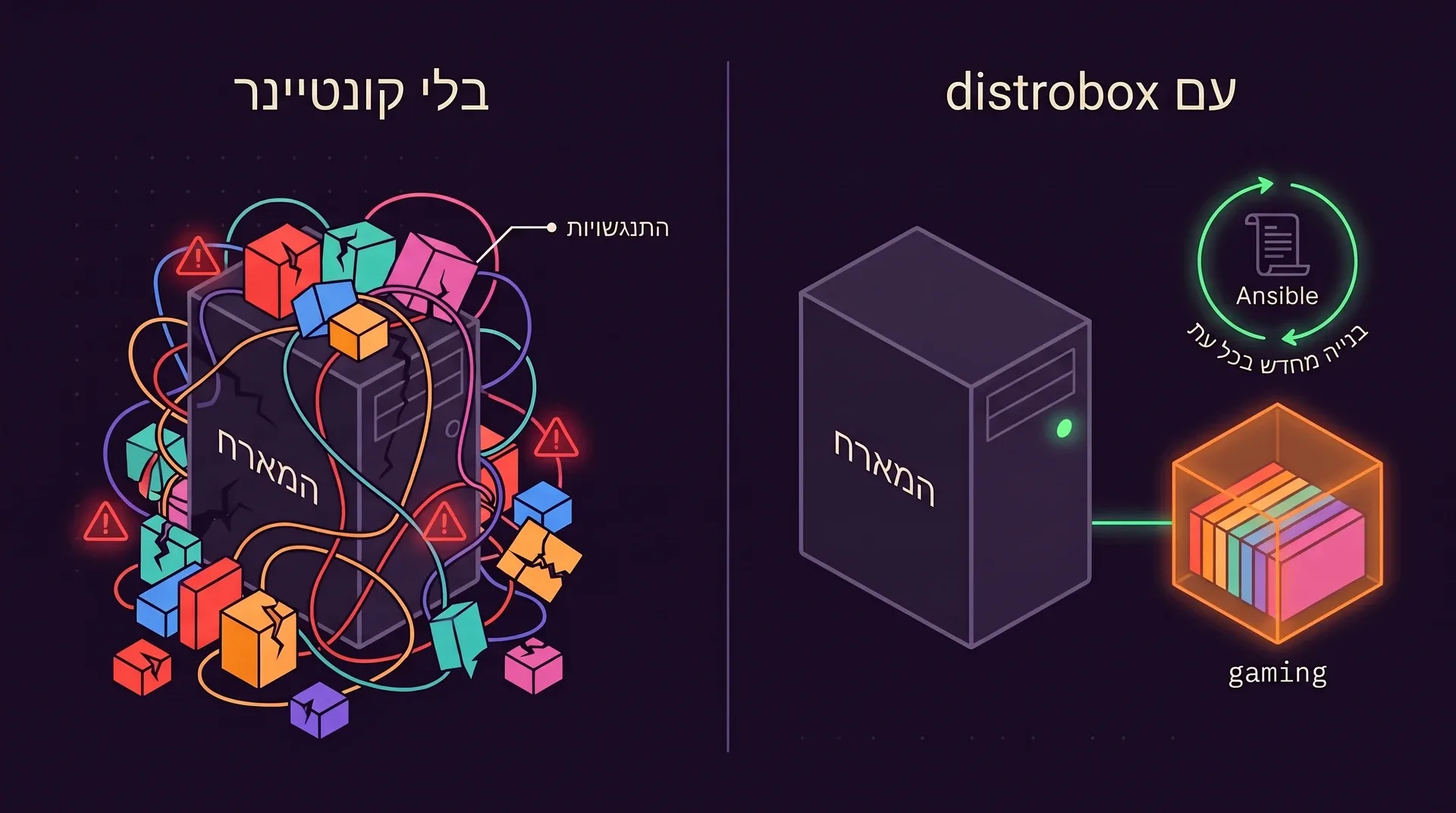שתי חלוניות. בלי קונטיינר: מגדל המארח קבור תחת סבך של בלוקים של ספריות עם אזהרות התנגשויות אדומות. עם distrobox: אותו מארח נקי עם נקודה ירוקה, ולידו קונטיינר gaming כתום שמחזיק את אותם בלוקים בשורות מסודרות, עם מתכון Ansible שעליו כתוב בנייה מחדש בכל עת.