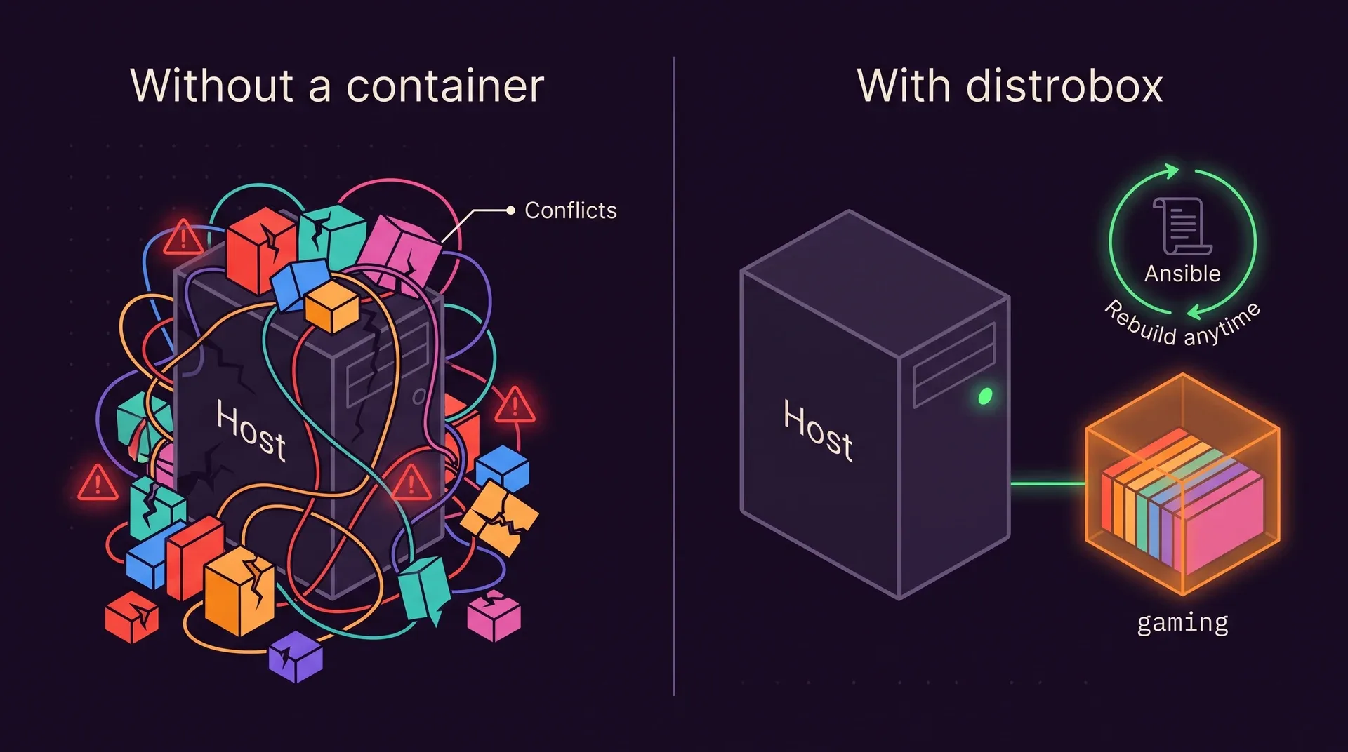 Two panels. Without a container: a Host tower buried under a tangle of library blocks with red Conflicts warnings. With distrobox: the same Host clean with a green dot, and next to it an orange gaming container holding the same blocks in tidy rows, with an Ansible recipe labelled Rebuild anytime.