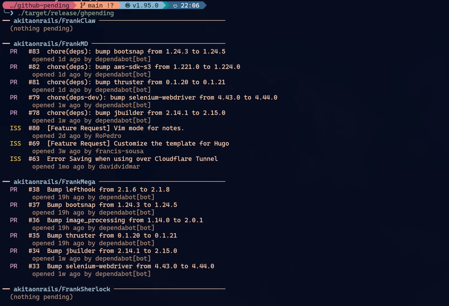 ghpending output in a terminal: repositories FrankClaw, FrankMD, FrankMega and FrankSherlock, each with its open pull requests and issues, number, title, age and author.