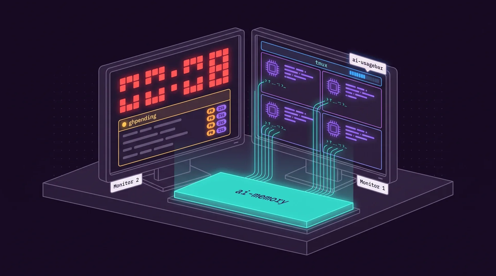 Two monitors on a desk. Monitor 2 shows a red pixel clock and a ghpending list. Monitor 1 shows tmux split into four agent panes, with ai-usagebar in the top bar. A teal slab labelled ai-memory under the desk feeds all four panes.