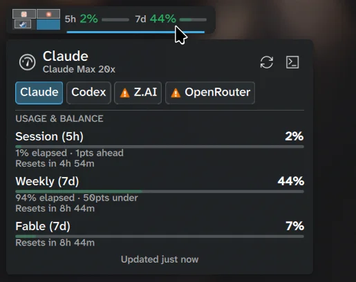 The KDE Plasma 6 plasmoid showing provider tabs and usage bars.