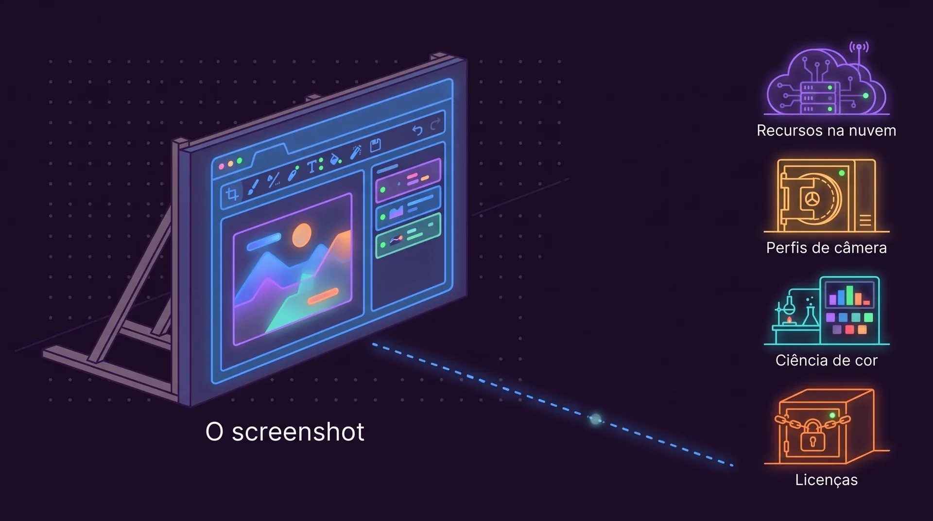 Uma fachada de set de filmagem pintada como a janela de um editor de fotos, escorada por vigas, com o rótulo O screenshot. Bem atrás dela ficam quatro prédios fechados que ela nunca alcança: Recursos na nuvem, Perfis de câmera, Ciência de cor e Licenças.