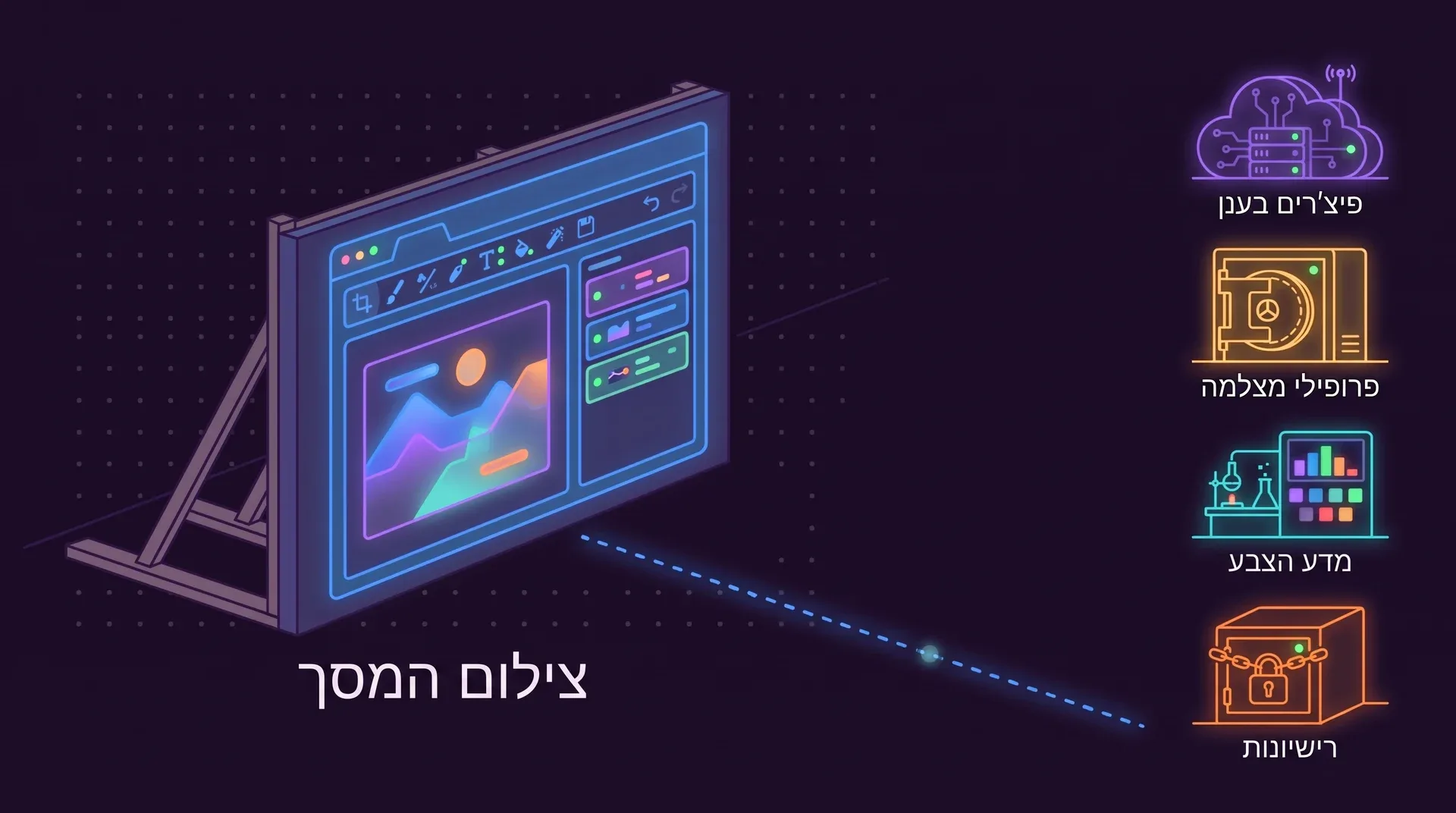 חזית של תפאורת קולנוע מצוירת כחלון של עורך תמונות, נתמכת בקורות, עם התווית צילום המסך. הרחק מאחוריה עומדים ארבעה בניינים סגורים שהיא אף פעם לא מגיעה אליהם: פיצ׳רים בענן, פרופילי מצלמה, מדע הצבע ורישיונות.