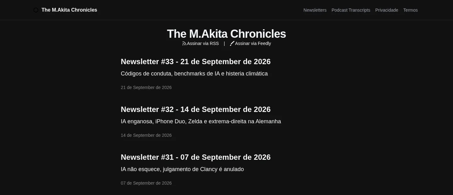 The newsletter blog listing issues 33 to 29, each with its date and the week's headline topics.