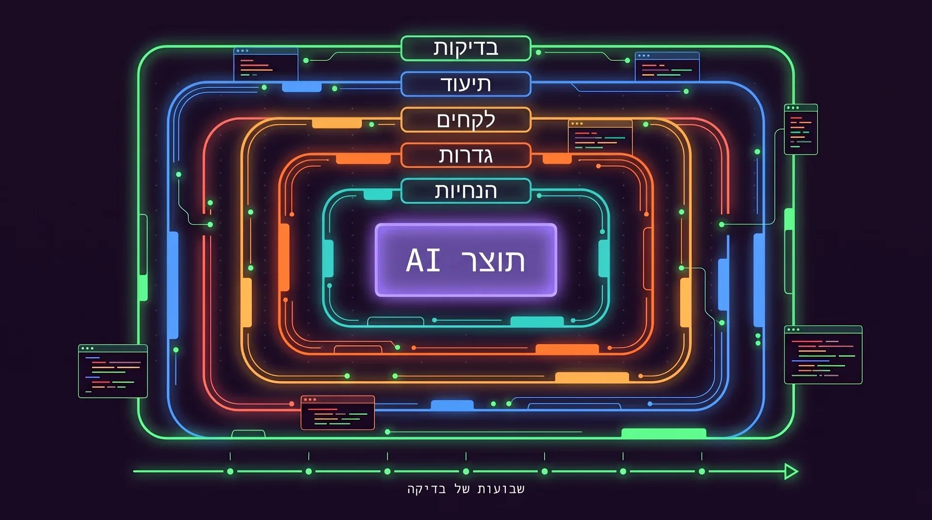 ליבה עם התווית תוצר AI עטופה בחמש טבעות עם התוויות הנחיות, גדרות, לקחים, תיעוד ובדיקות, ומתחתיה ציר זמן עם התווית שבועות של בדיקה.