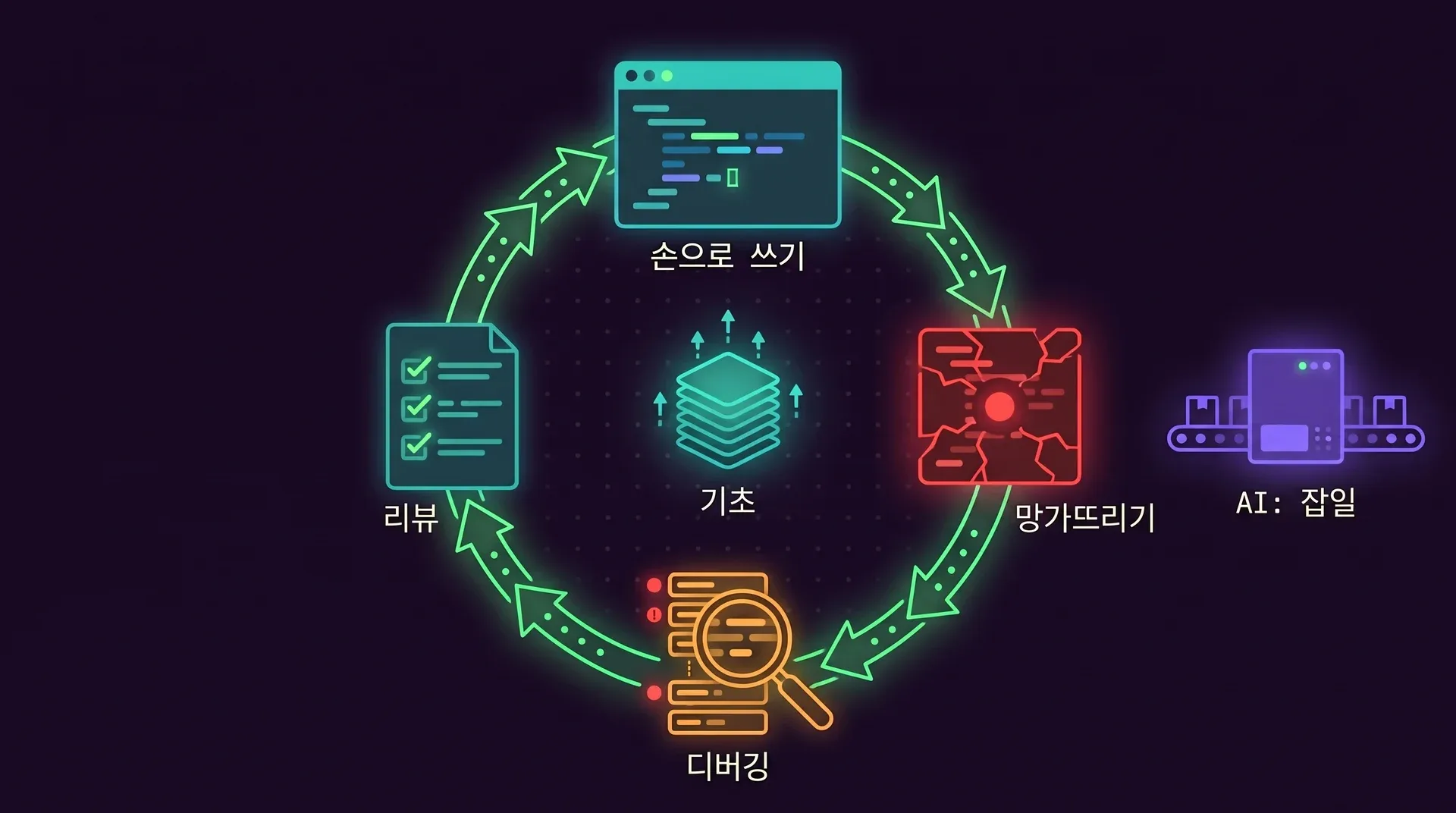 손으로 쓰기, 망가뜨리기, 디버깅, 리뷰라는 네 단계가 기초라는 라벨의 점점 쌓이는 더미 주위를 돌고, 옆에는 AI: 잡일이라는 라벨의 작은 별도 레인이 있습니다.