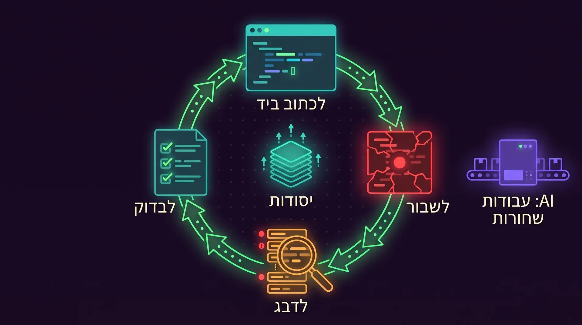 לולאה של ארבעה שלבים, לכתוב ביד, לשבור, לדבג ולבדוק, סביב ערימה שגדלה עם התווית יסודות, ומסלול קטן נפרד בצד עם התווית AI: עבודות שחורות.