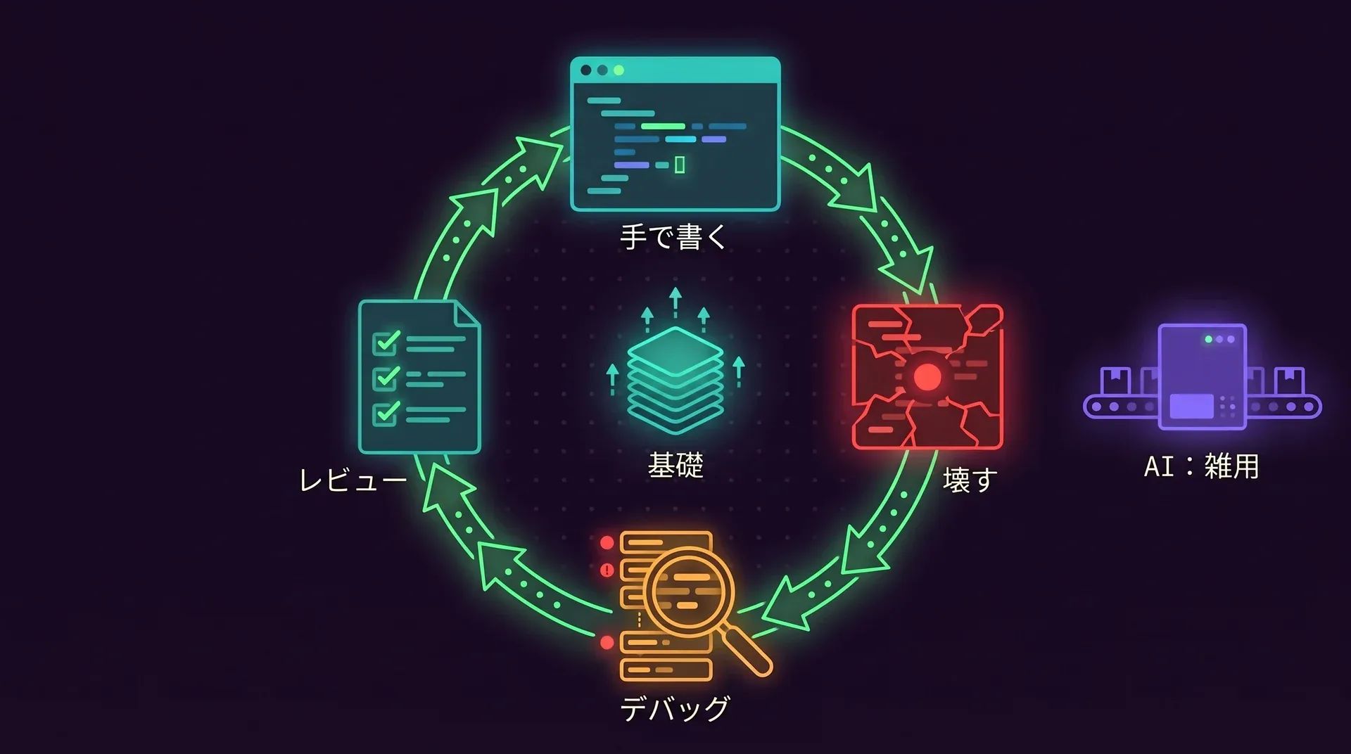 「手で書く」「壊す」「デバッグ」「レビュー」の4ステップのループが、「基礎」と書かれた成長する積み重ねを囲んでいます。脇には「AI：雑用」と書かれた小さな別のレーンがあります。